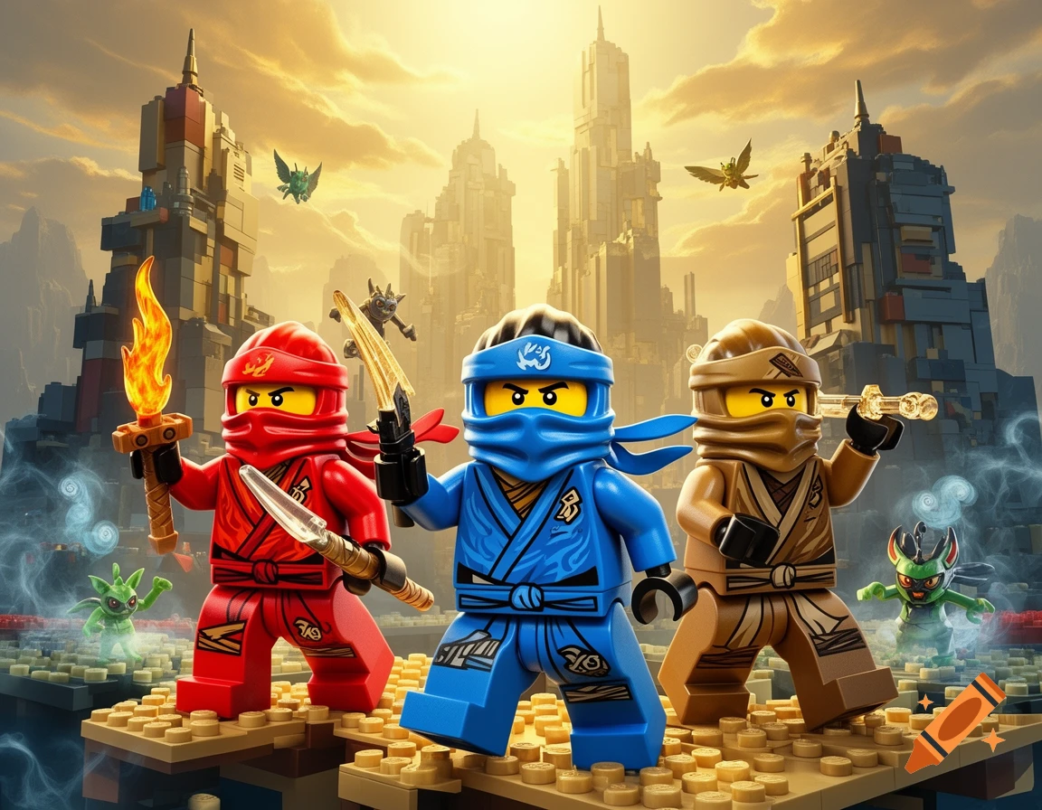 Three Lego Ninjago characters, red, blue, and tan, stand on a Lego base with a stylized city in the background at sunset.
