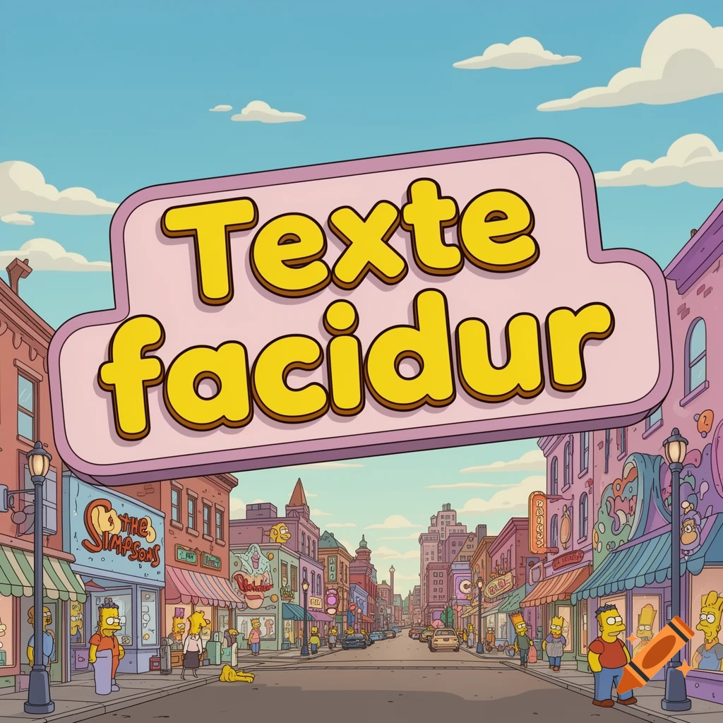 A bright cartoon street scene in The Simpsons style, with characters, buildings, and a banner reading 'Texte facidur'.