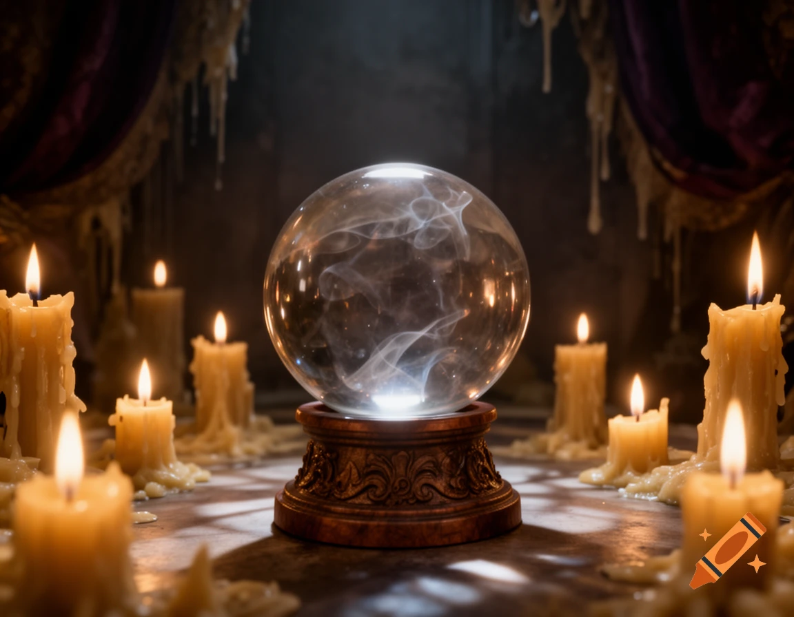 A glowing crystal ball sits on a wooden base surrounded by numerous lit, melting candles in a dark, mystical setting.