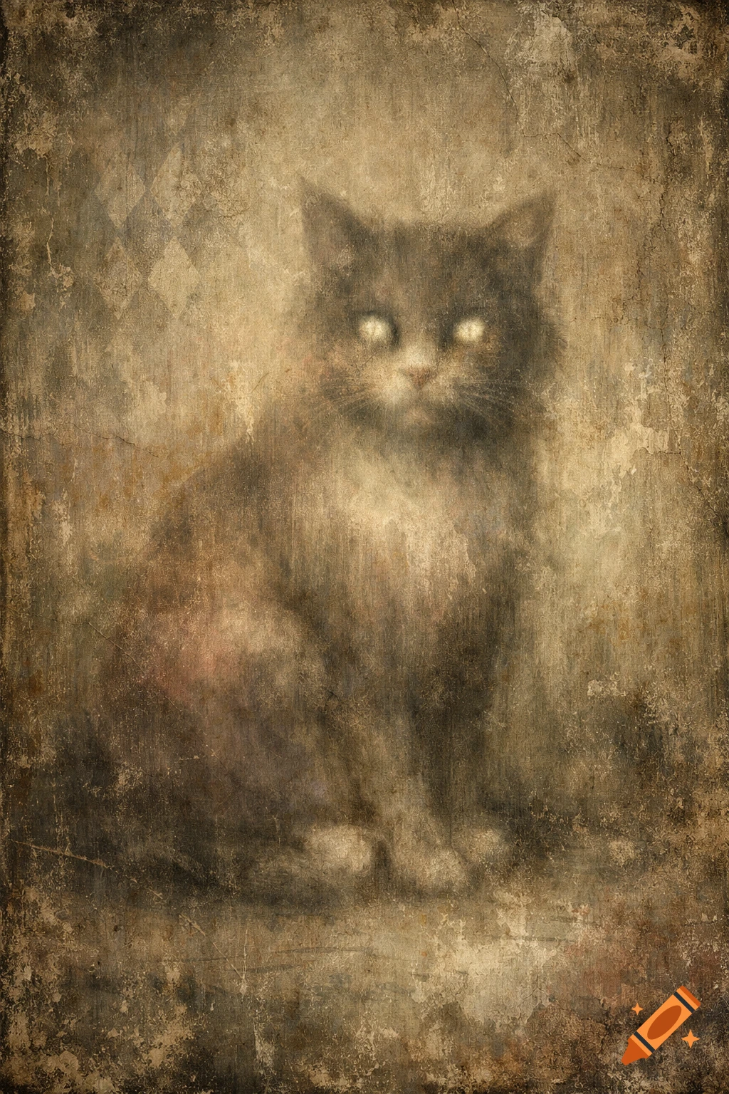 An eerie, vintage-style image of a blurry cat with glowing eyes on a distressed, textured background.