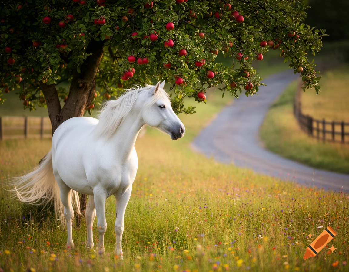 A majestic white horse stands in a sunny field of wildflowers under a red apple tree, looking towards a winding country road.