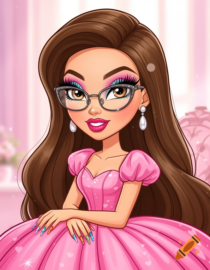 A cartoon girl in Bratz doll style with long brown hair, glasses, colorful makeup, a pink dress, and long acrylic nails, sitting.