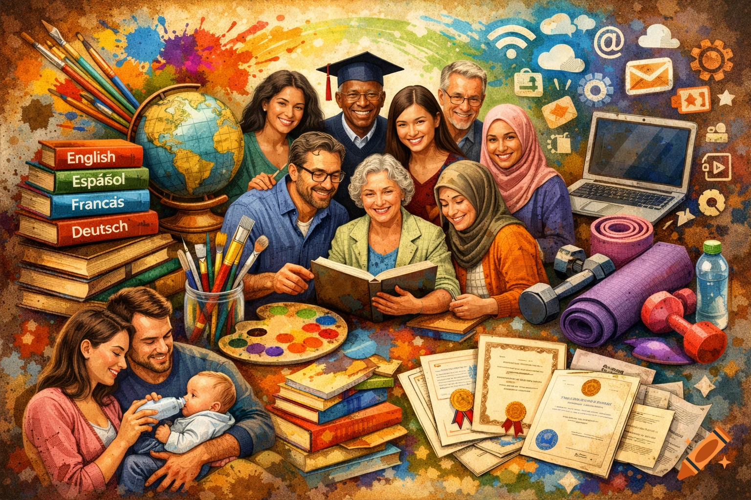 A vibrant watercolor collage illustrating adult education, featuring diverse people learning, surrounded by symbols of languages, arts, fitness, and technology.