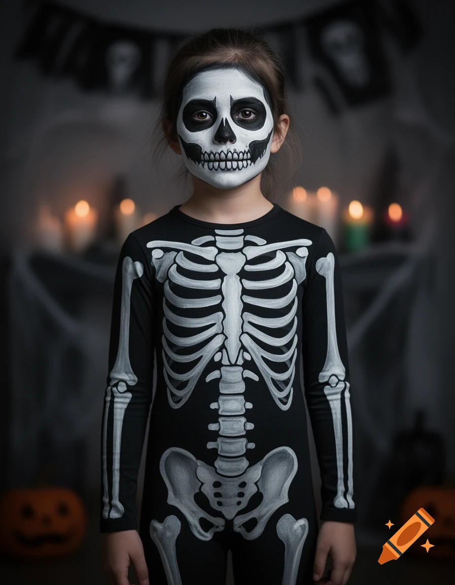 A young girl with white and black skeleton face paint wears a skeleton costume in a dark, candlelit Halloween setting.