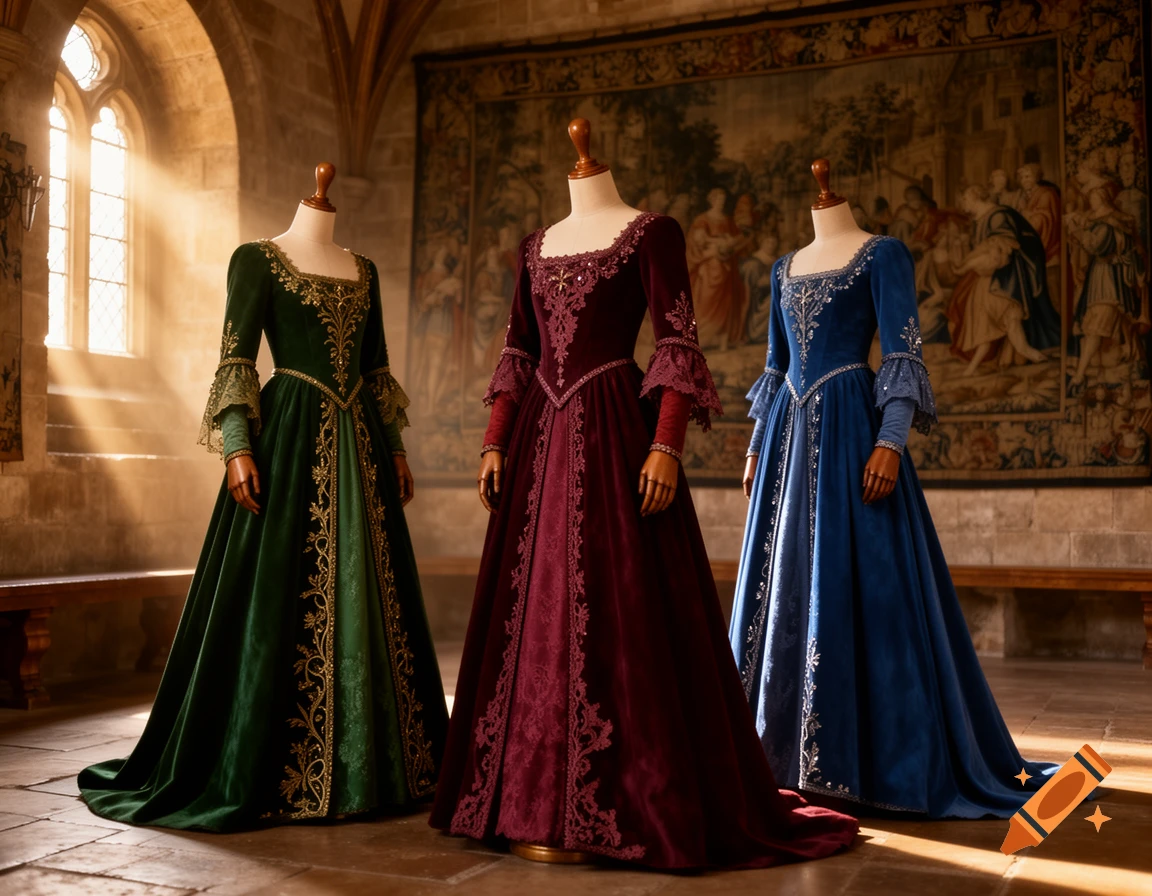 Three medieval-style dresses in dark green, burgundy, and blue on headless mannequins in a castle hall with a tapestry.