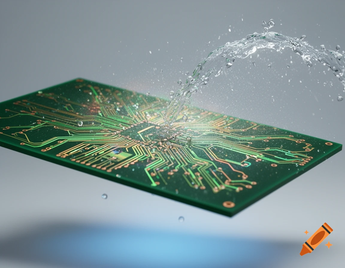 A green printed circuit board (PCB) is splashed by a jet of water, creating dynamic droplets and reflections.