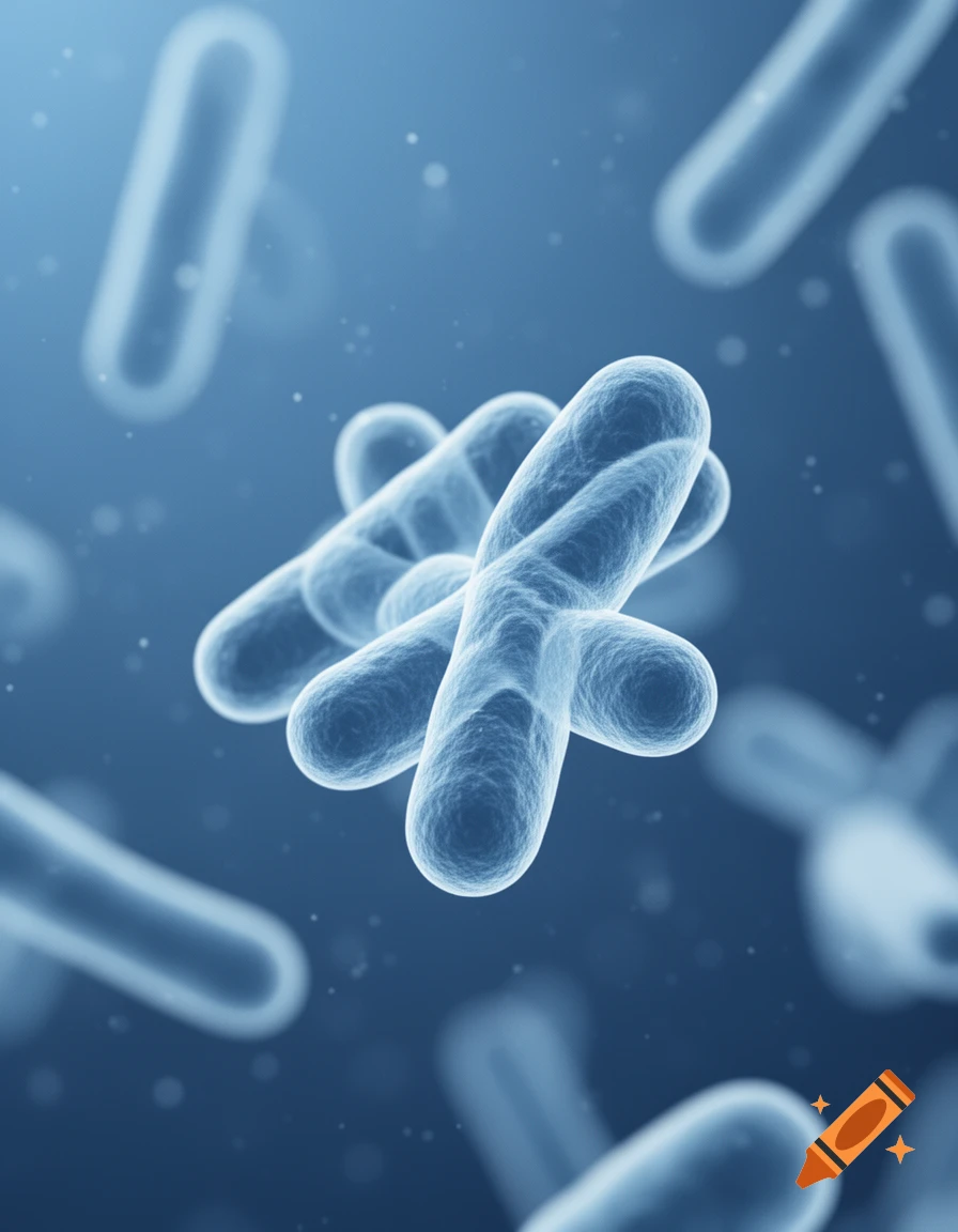 Close-up 3D rendering of multiple translucent blue rod-shaped bacteria against a blurred blue background.