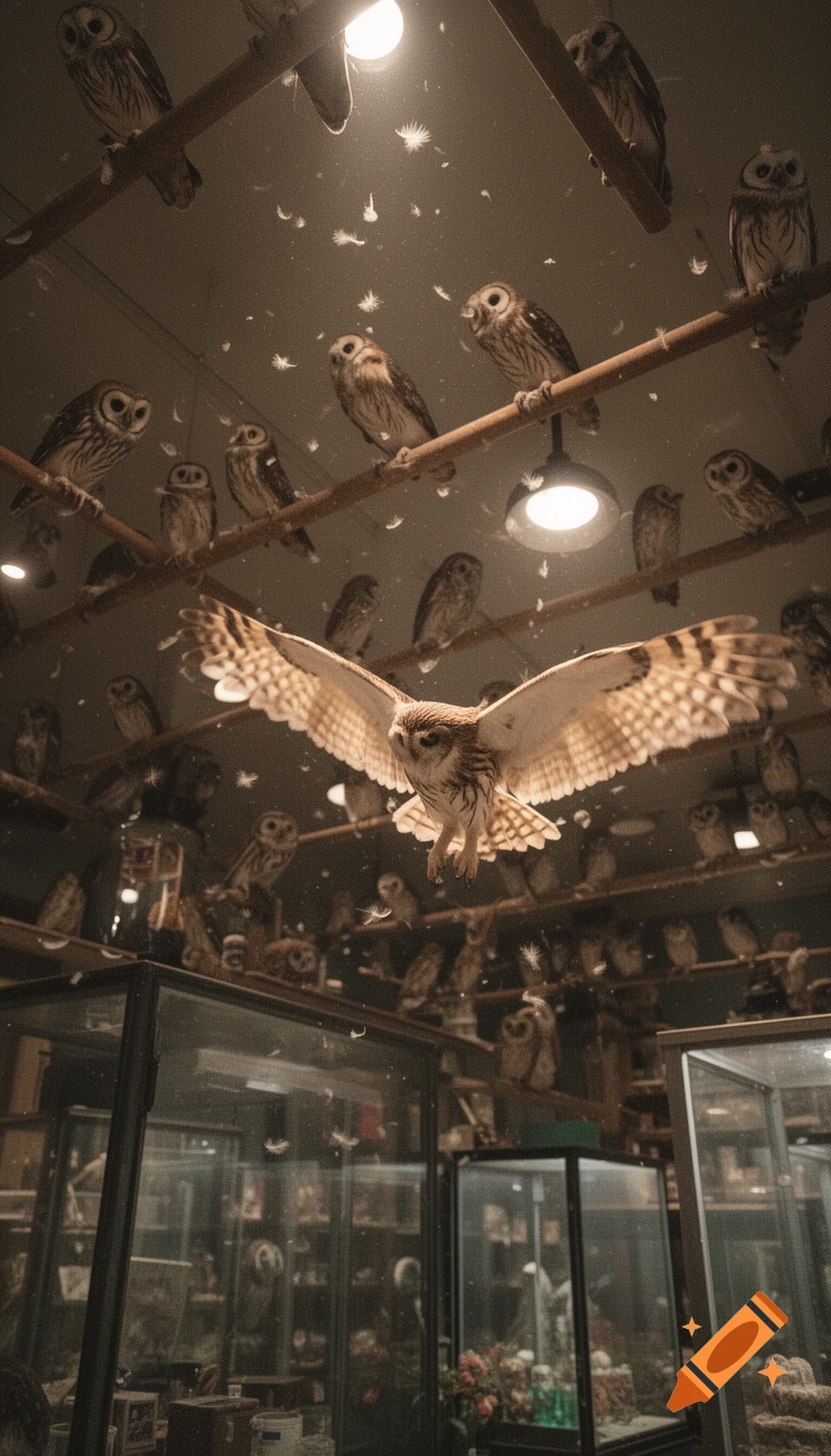 POV shot looking up at a room filled with taxidermy owls on perches, with one in the center flying amidst floating feathers, simulating a smartphone photo.
