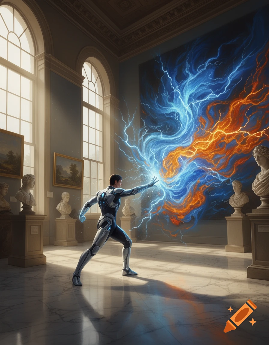 A person in a futuristic suit wields blue energy at a vibrant electric painting in a grand museum hall.