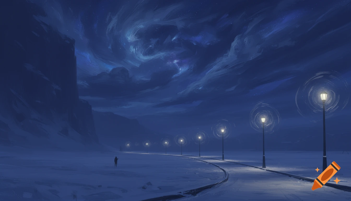 Dark blue digital painting of a snowy night landscape with a winding path, glowing streetlights, a distant figure, and a swirling sky.