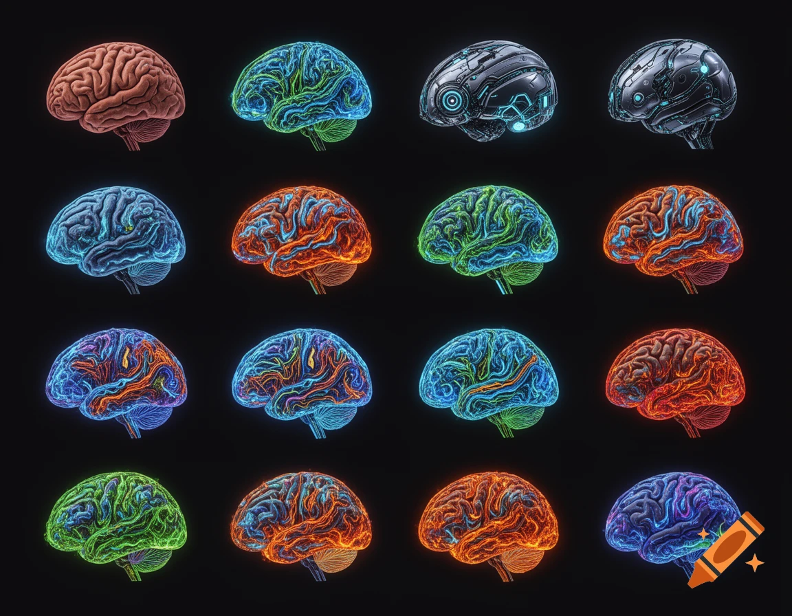 A grid of 12 brains, some organic and vibrantly colored with glowing patterns, others metallic and robotic, on a black background.