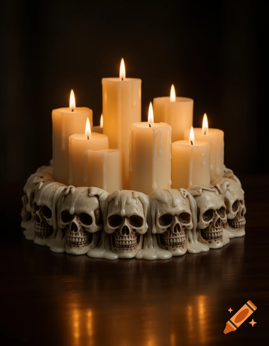 A close-up of several lit cream-colored candles arranged in a circular holder adorned with a ring of skull carvings, set on a dark reflective surface.