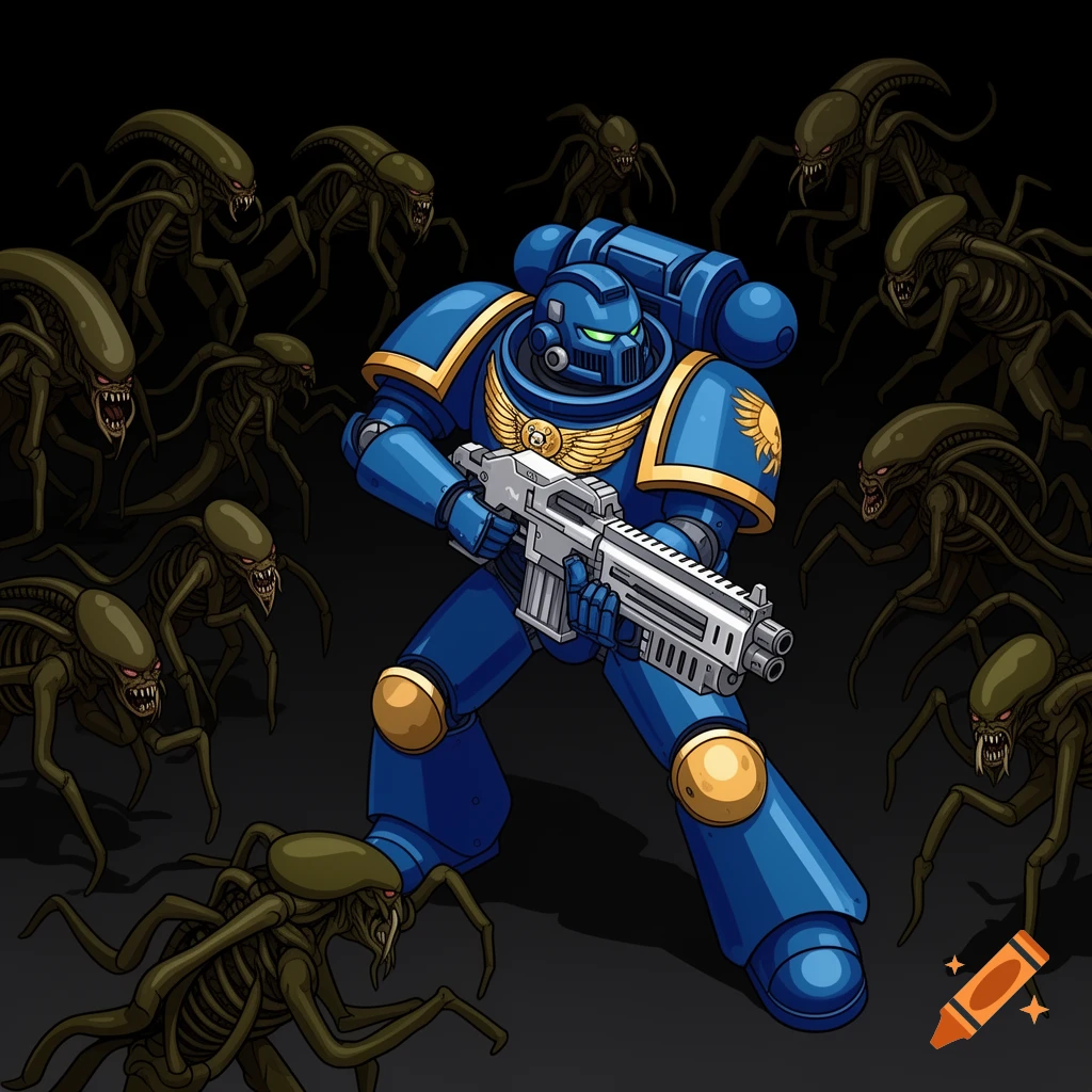 A cartoon blue Space Marine in armor with a rifle is surrounded by green alien face-huggers.