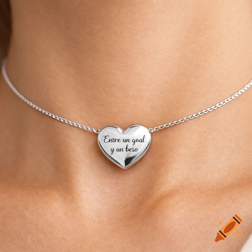 Close-up of a silver heart pendant necklace on a person's neck, engraved with 'Entre un goal y un beso'.