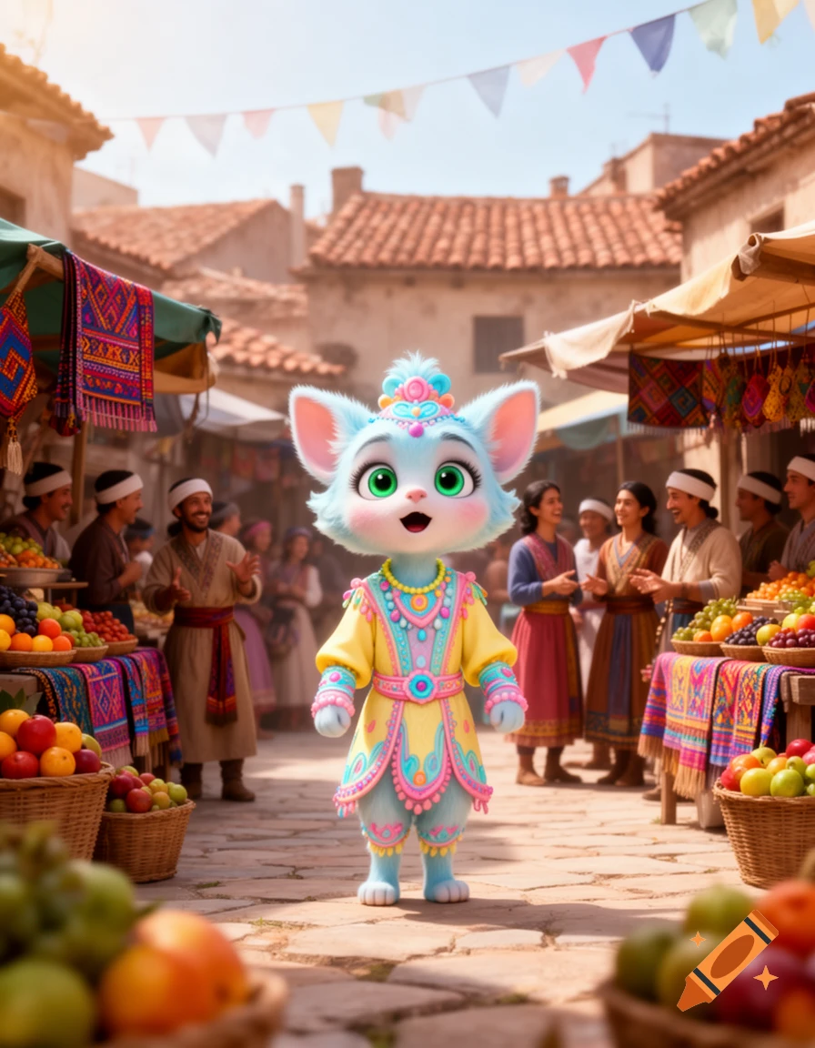 A cute, light blue, cat-like animated character in an ornate yellow and pink costume stands in a vibrant marketplace.