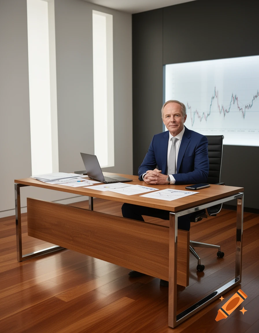 A man in a blue suit and tie sits at a modern wooden desk with a laptop and papers, with a financial graph on a screen behind him.