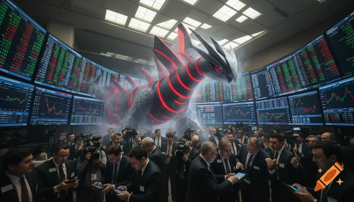 A large black and red dragon-like Pokemon emerges from smoke in a bustling stock market with screens displaying data, observed by men in suits.