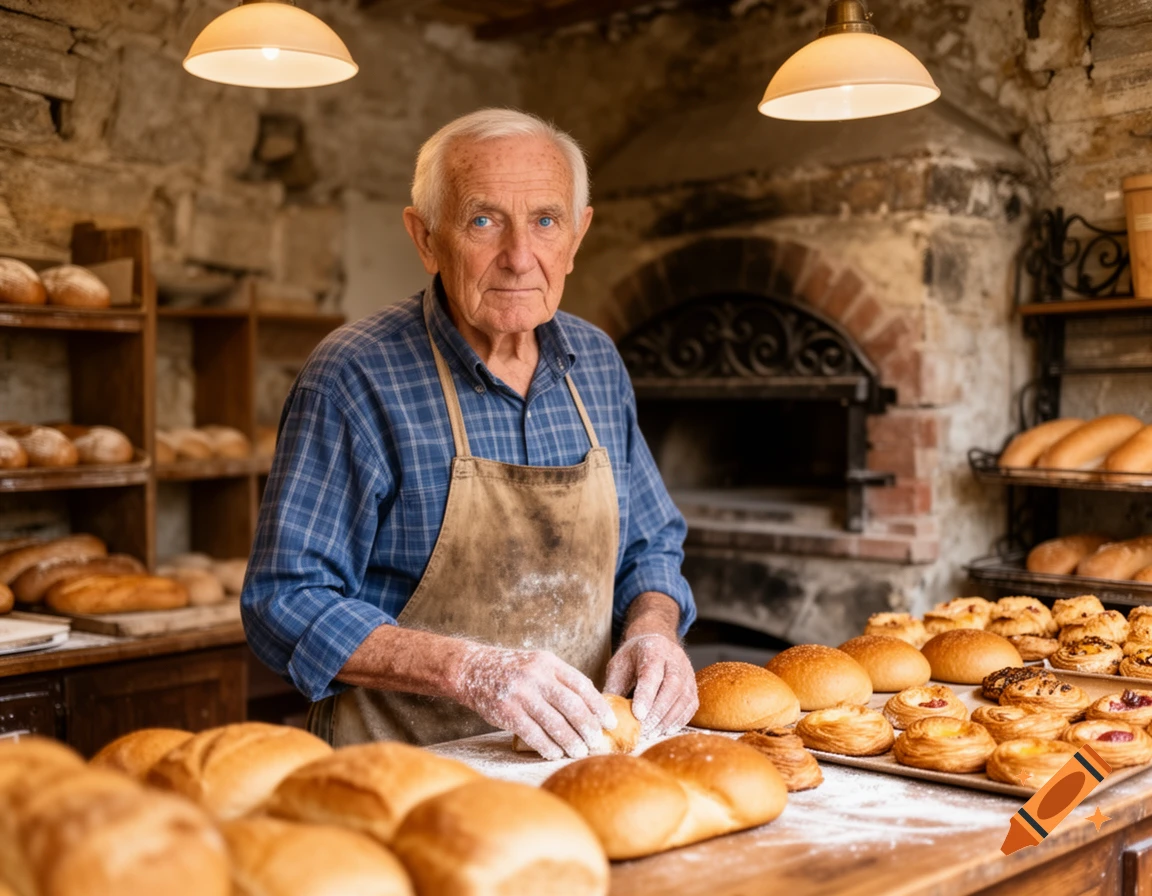 An old baker in a traditional stone bakery preparing fresh bread and pastries on a wooden counter.