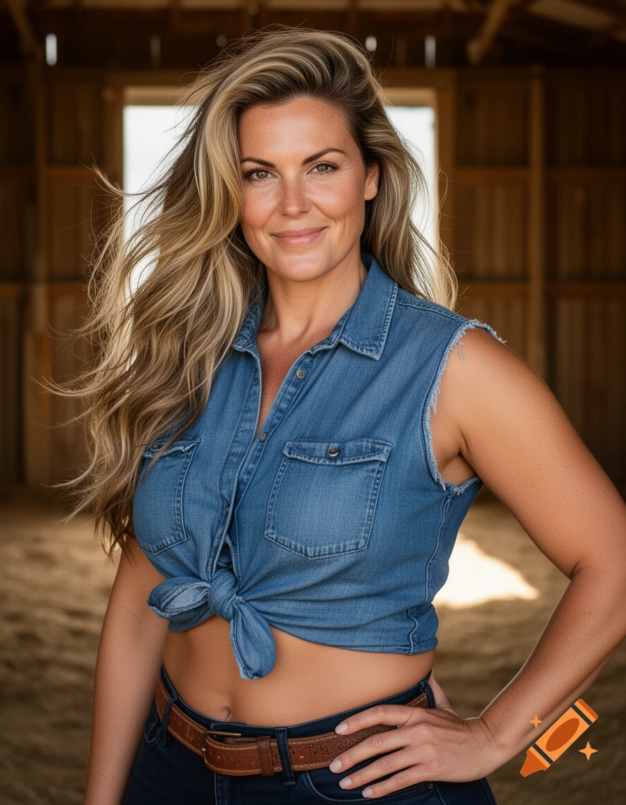 Photorealistic portrait of a woman with long wavy blonde hair, wearing a knotted denim shirt and jeans, standing in a barn.