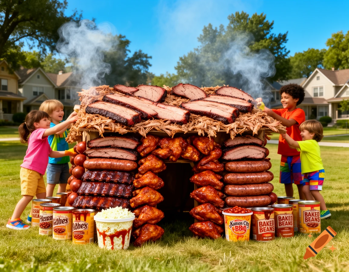 Kids building a fort made of Kansas City BBQ food items, including brisket, ribs, chicken wings, and canned beans, in a sunny backyard.