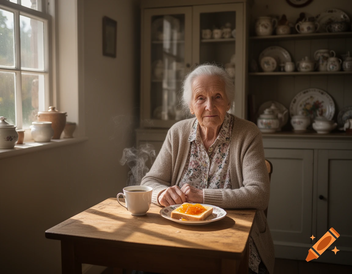 An old woman with white hair sits at a wooden table, enjoying breakfast with steaming coffee and jam on toast, bathed in warm sunlight.