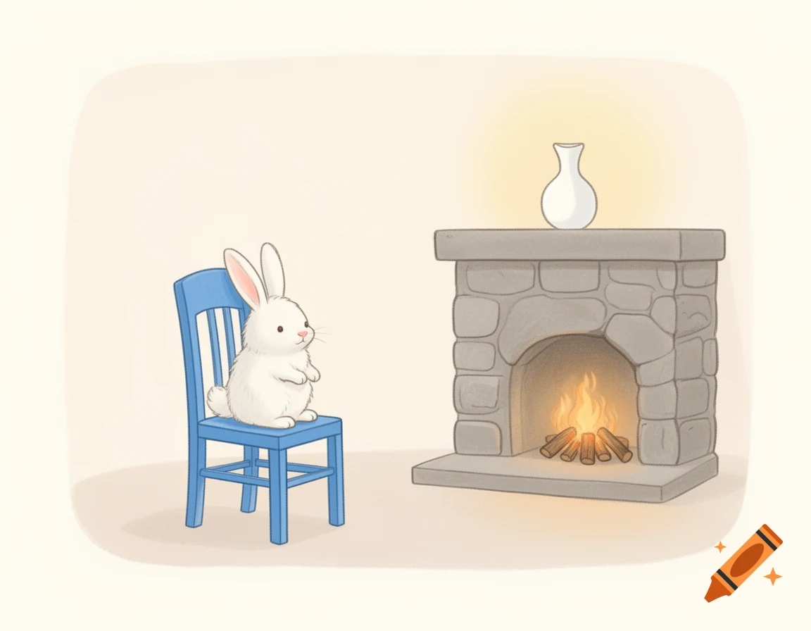 A minimalist children's book illustration of a white bunny on a blue chair next to a stone fireplace with a fire and a white vase.