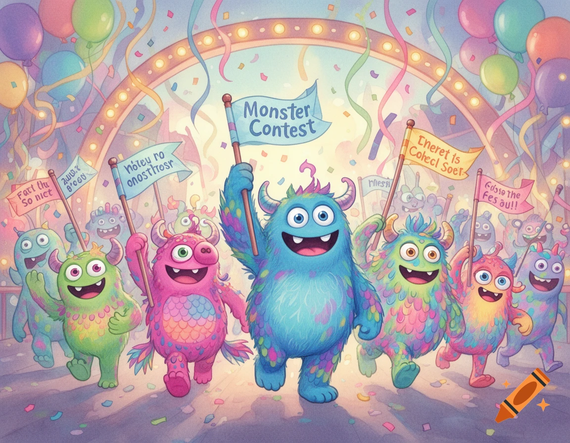 Colorful, fluffy monsters with horns and big eyes march in a festive parade, holding flags and a banner that reads "Monster Contest," with balloons and confetti in the background.
