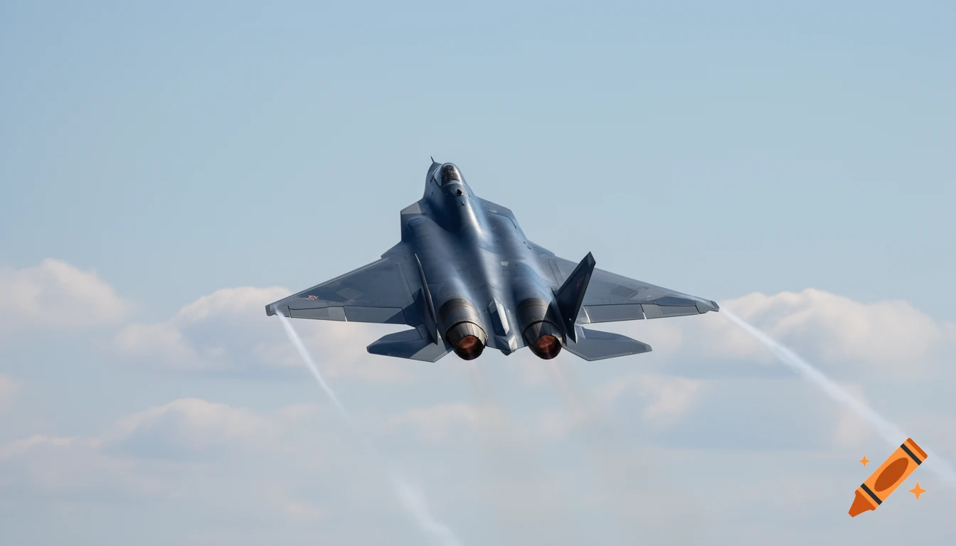 A dark gray Russian Su-57 fighter jet with burning afterburners performs a maneuver against a light blue sky with white clouds, leaving contrails.