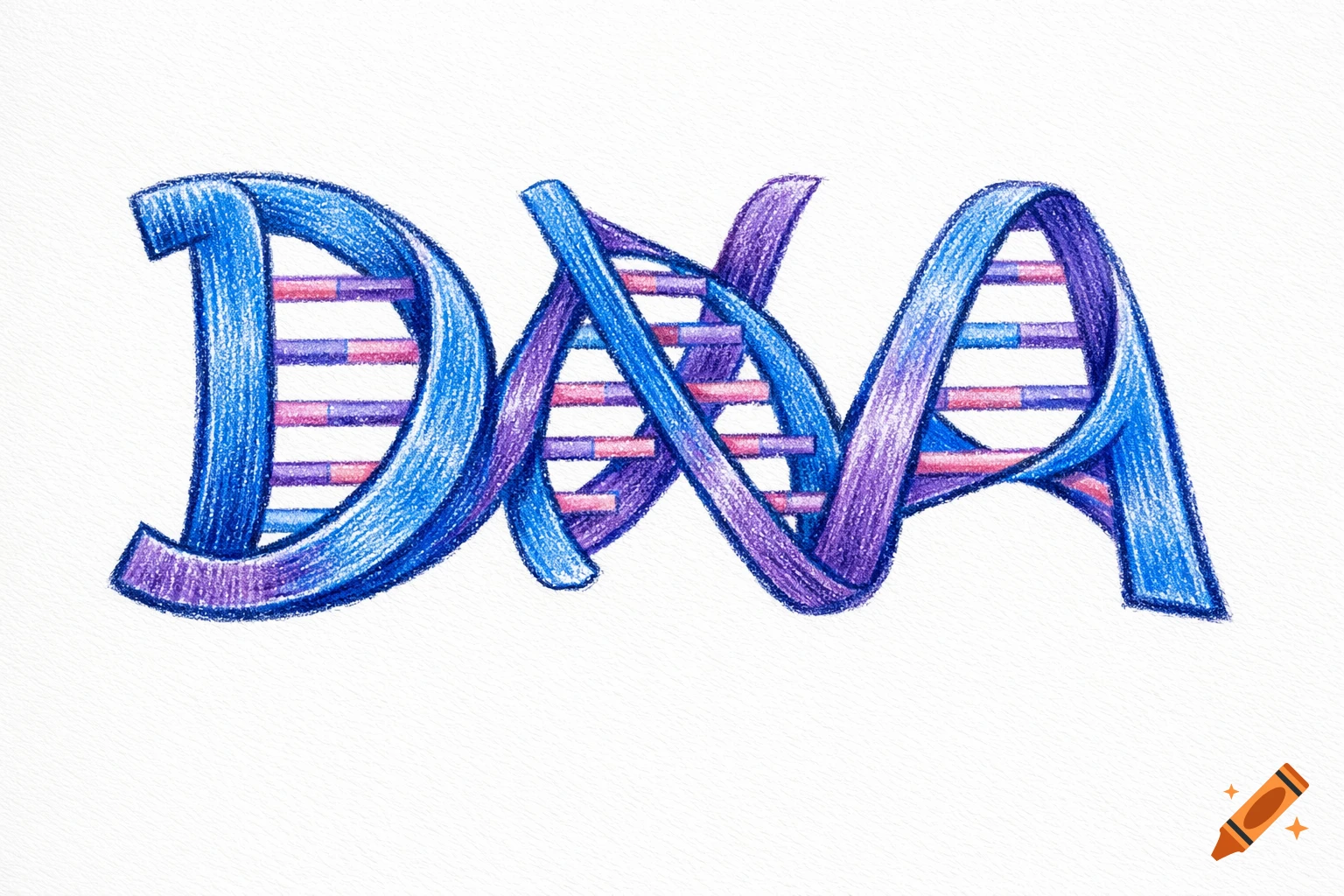 Hand-drawn crayon illustration of the word 'DNA' stylized as a blue and purple double helix on a white background.