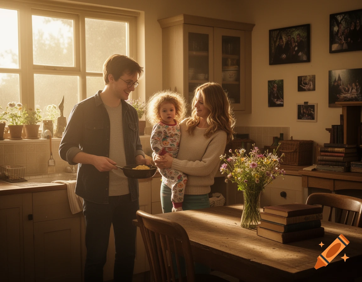 A man holding a pan and a woman holding a child smile in a warm, sunlit kitchen. A wooden table with flowers is in the foreground.