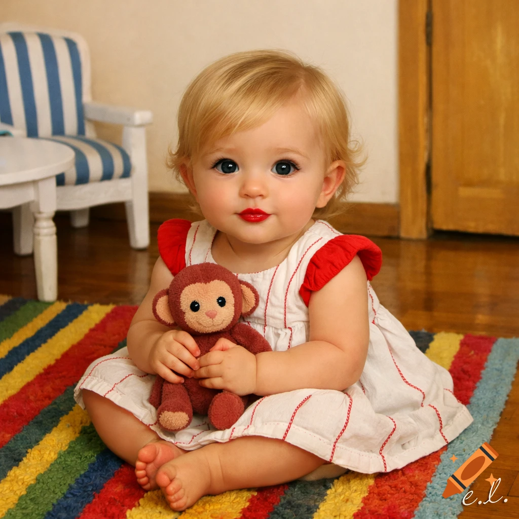 A photorealistic portrait of a blonde baby with red lipstick, wearing a white dress with red trim, holding a brown monkey toy, sitting on a colorful striped rug.