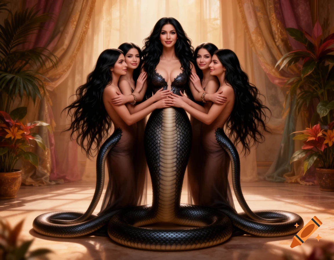 A central snake woman with a human upper body and a dark scaled tail is embraced by three beautiful women with flowing dark hair and snake tails, in an opulent room.