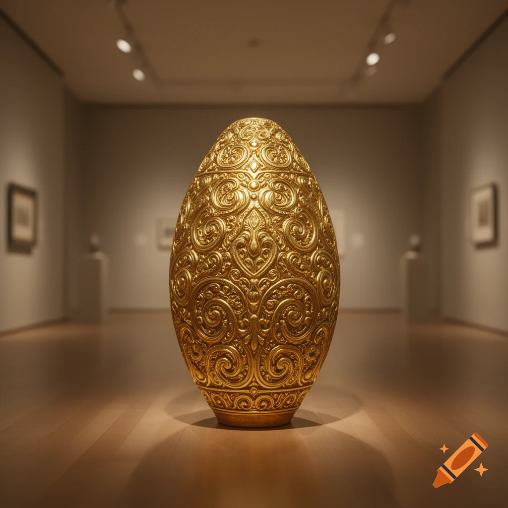 A highly detailed, ornate golden egg stands centered on a wooden floor in a softly lit museum gallery.