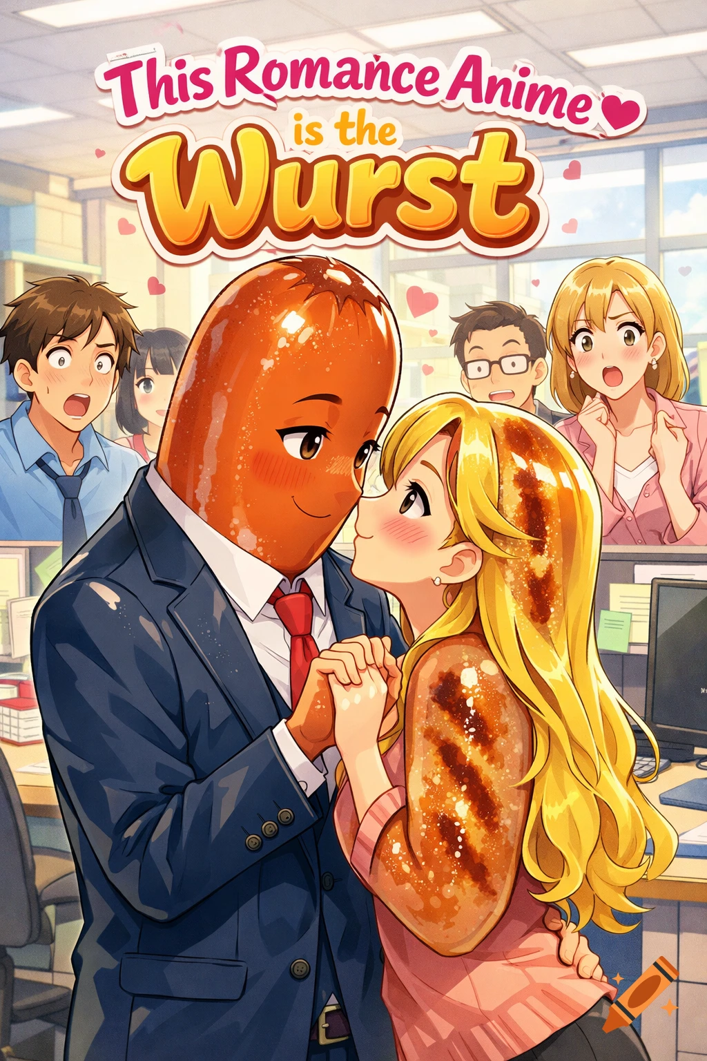 An anime illustration shows a hot dog-headed man in a suit embracing a bratwurst-bodied woman with mustard hair in an office, while human co-workers react with surprise. Title reads 'This Romance Anime is the Wurst'.