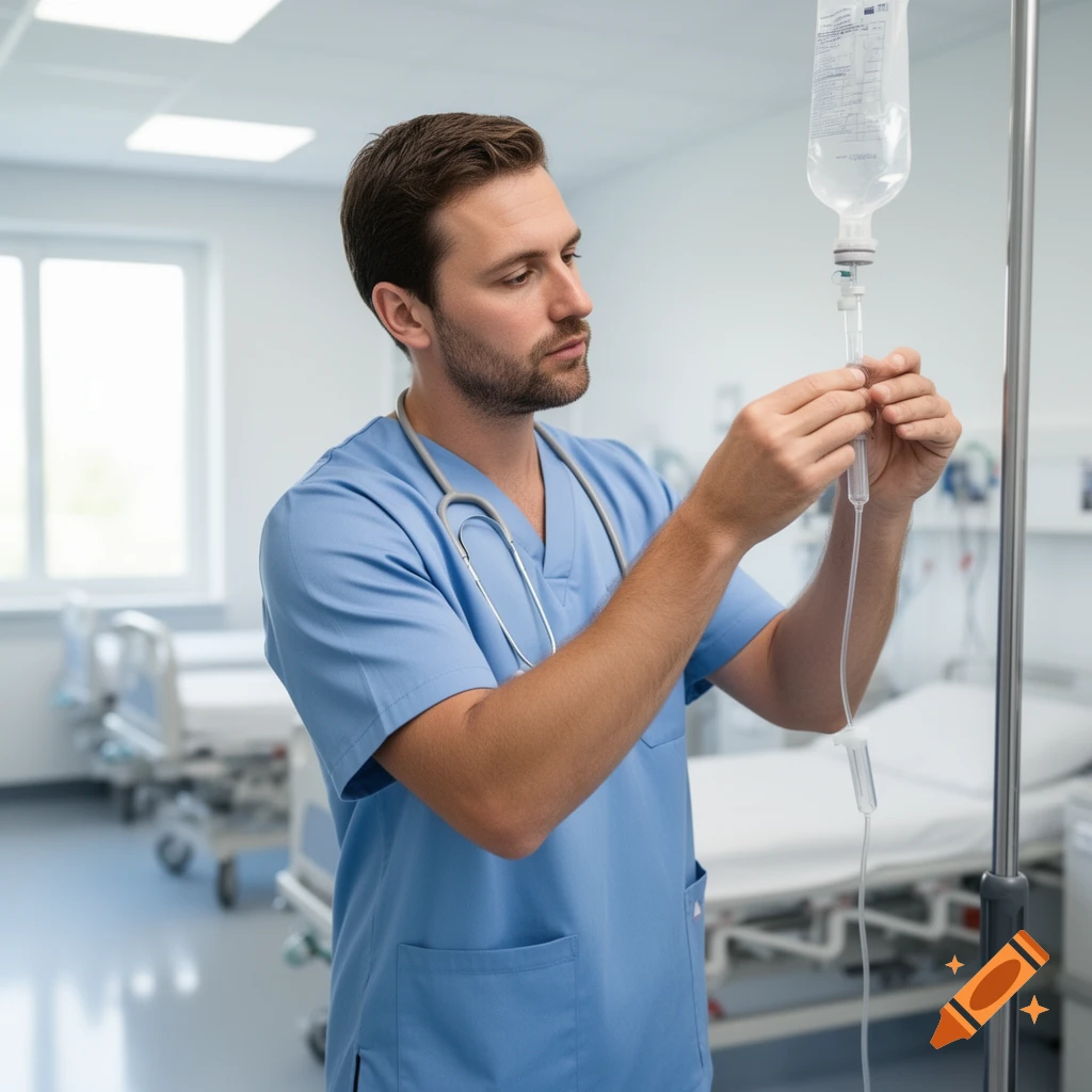A male nurse in blue scrubs adjusts an IV drip in a hospital room.