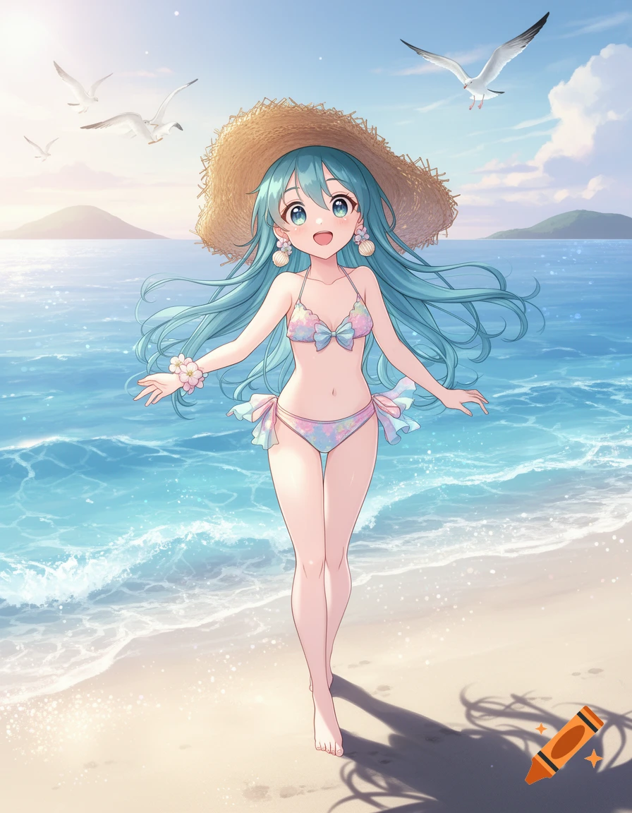 A cute anime girl with blue hair and a straw hat walks in a colorful swimsuit on a sunny beach with seagulls.