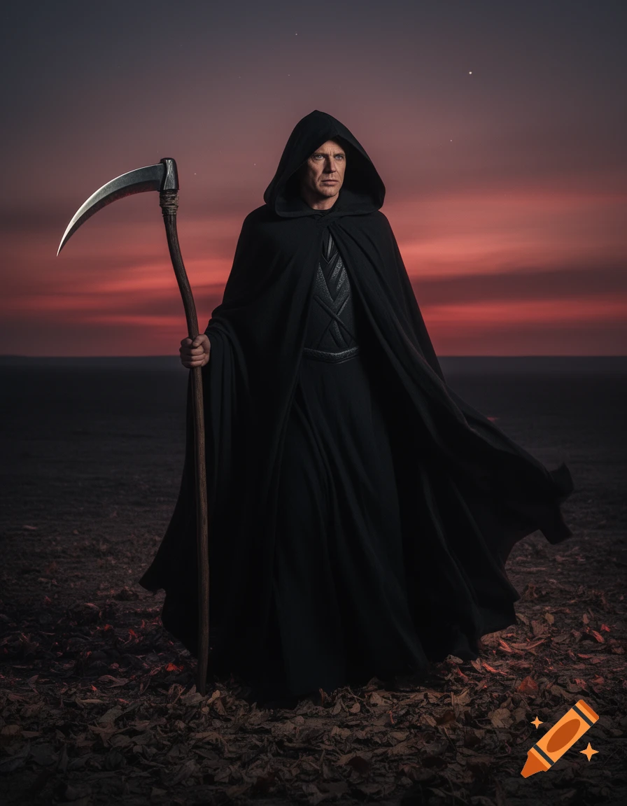 A photorealistic image of a hooded figure, resembling the Grim Reaper, holding a scythe against a dramatic red and orange sunset sky.