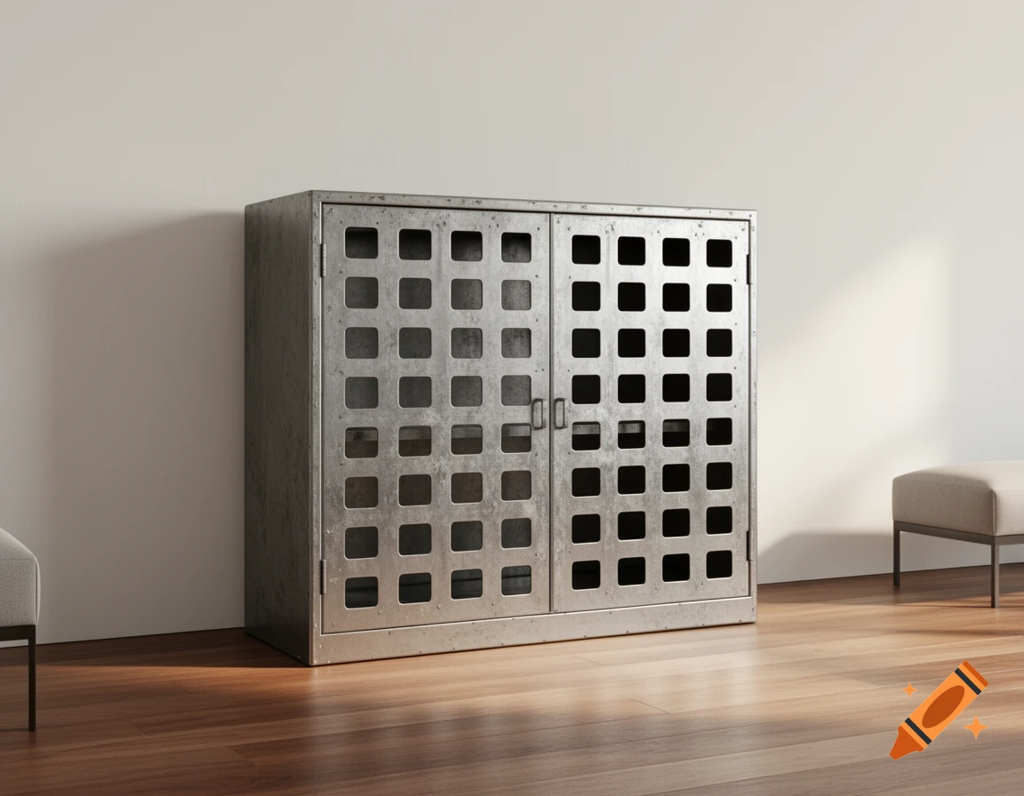 A modern industrial-style metal cabinet with square perforations stands against a white wall on a wooden floor.