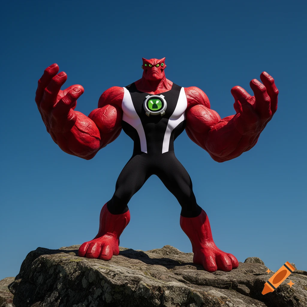 Photorealistic Four Arms from Ben 10 standing powerfully on a rocky outcrop under a clear blue sky.