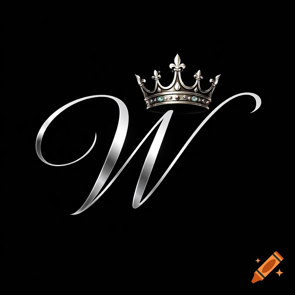 A silver, elegant letter W with a small jeweled crown on top, against a black background.