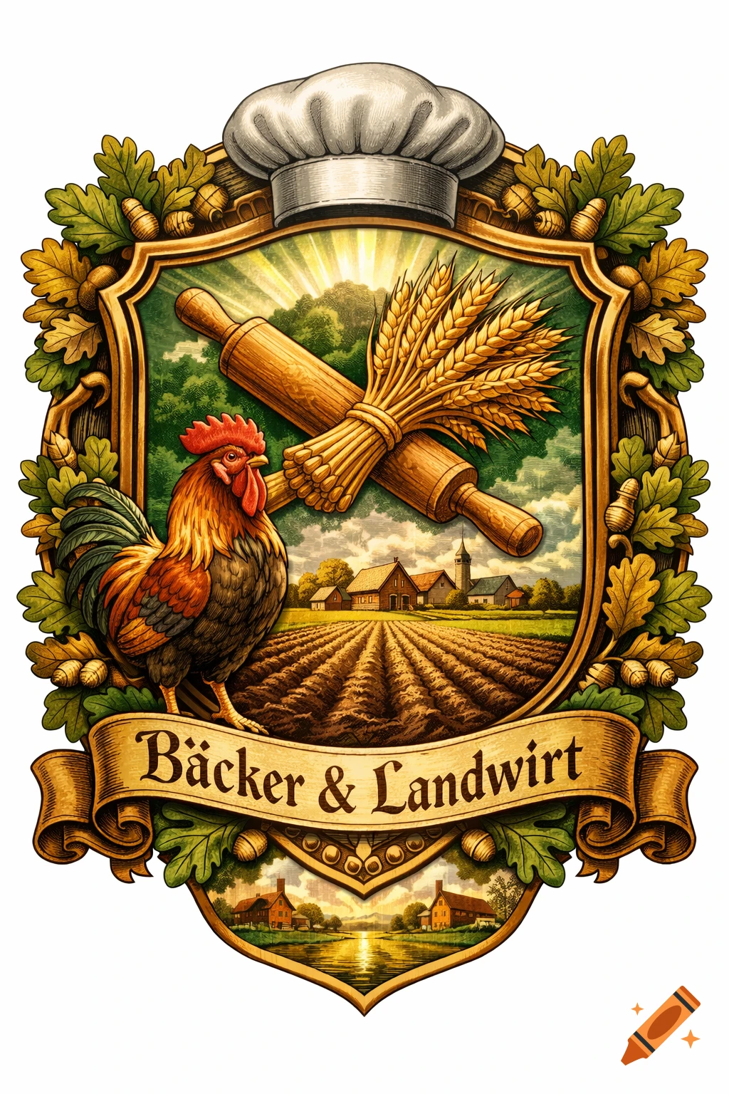 A detailed heraldic crest features a chef's hat, crossed rolling pin and wheat, a rooster, and a pastoral landscape, with 'Bäcker & Landwirt' on a banner.