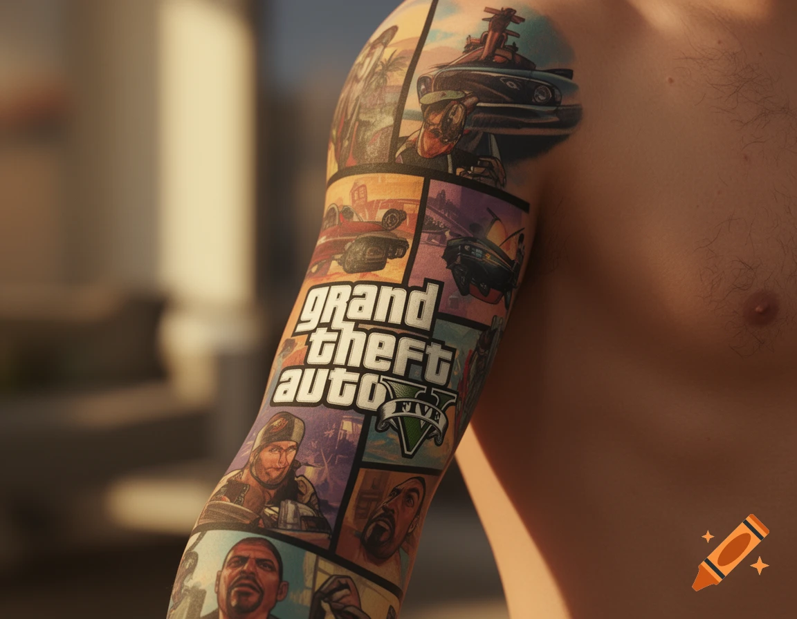 Close-up of a person's arm with a detailed, colorful tattoo sleeve featuring Grand Theft Auto V artwork, characters, and logo.