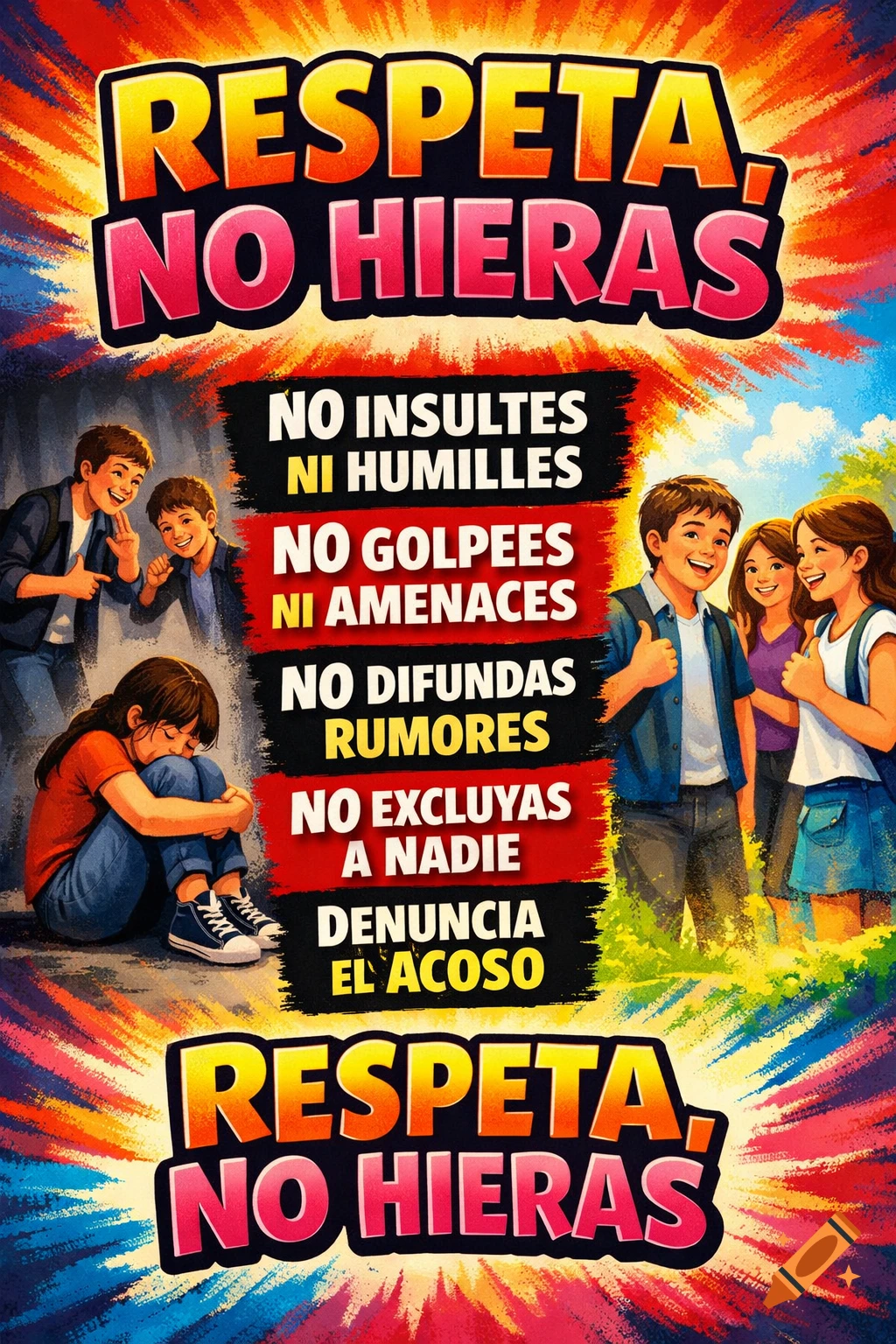 A colorful anti-bullying poster in Spanish with the title "RESPETA, NO HIERAS". It depicts a sad girl being bullied by two boys on one side, and a group of happy, smiling children on the other, with five rules against bullying listed in the center.