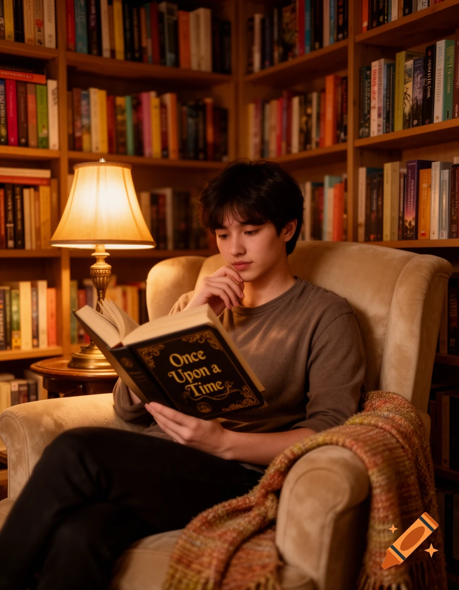 A young person with dark hair sits in an armchair, reading a book titled 'Once Upon a Time' in a cozy library with bookshelves in the background.