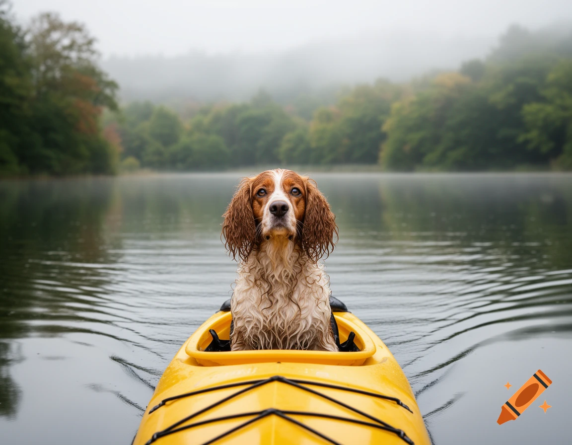 A wet, brown and white dog sits in a yellow kayak on a calm, misty lake, surrounded by green trees.