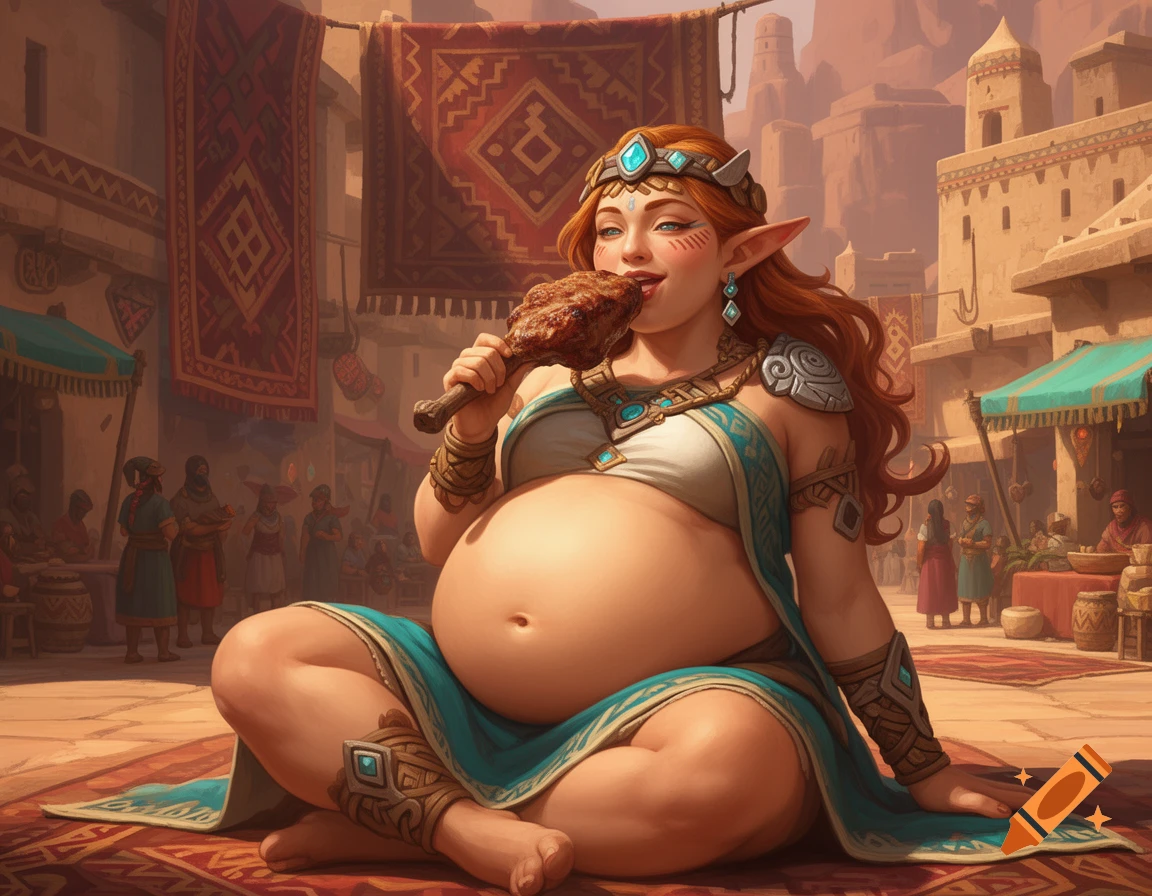 A fantasy elf woman with a prominent belly sits cross-legged, eating meat in a vibrant desert market, digital art.