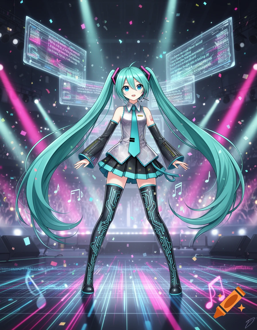 Hatsune Miku stands on a vibrant, futuristic stage with spotlights, confetti, and glowing screens, wearing her iconic outfit. Anime style.