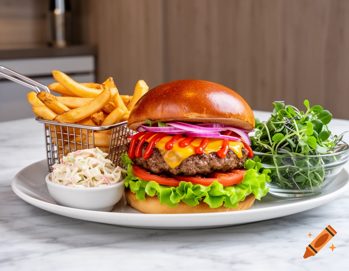 A photorealistic burger with fries, coleslaw, and a side salad on a white plate set on a marble table.