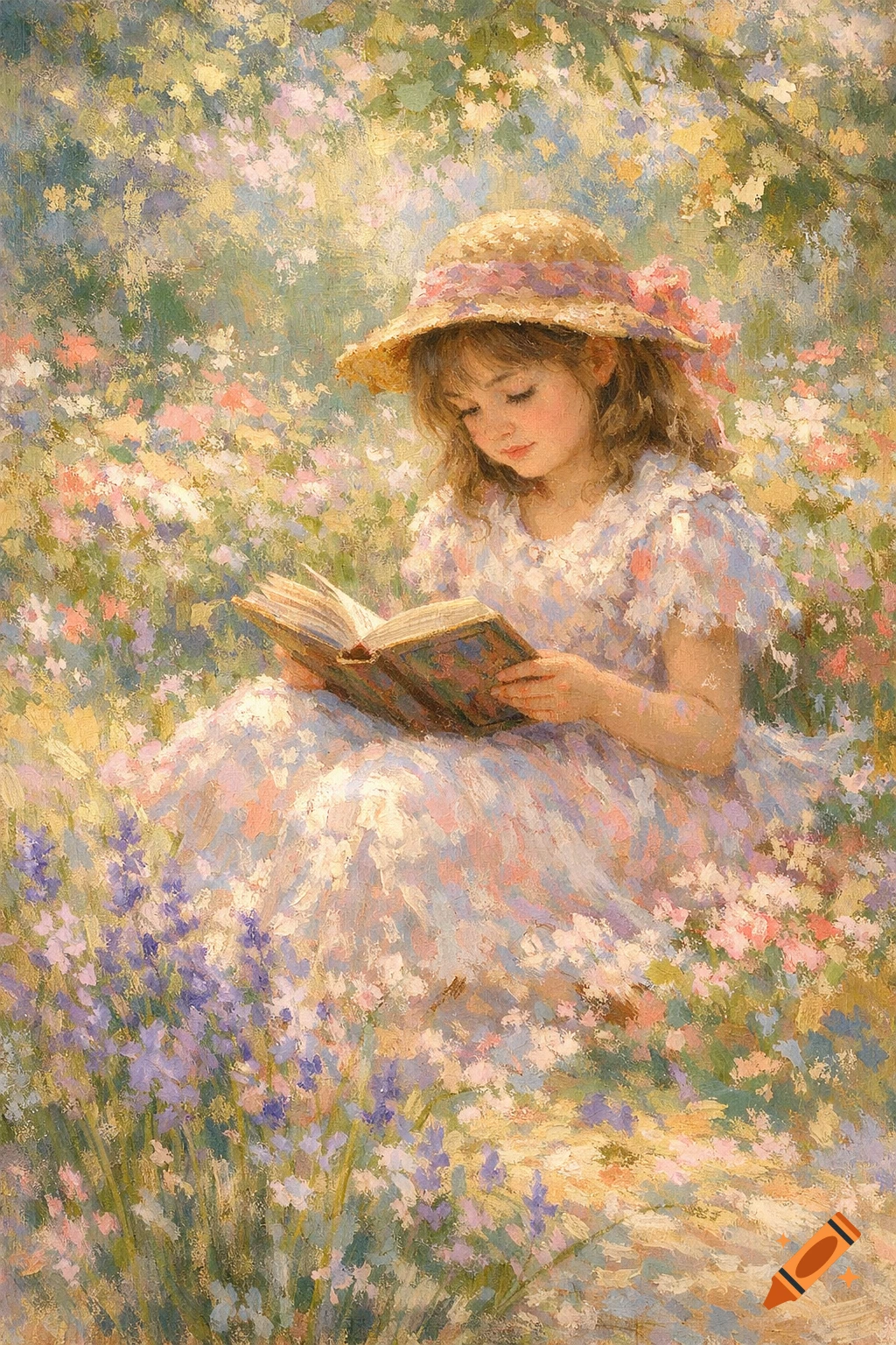Impressionistic painting of a young girl in a straw hat reading a book amidst a vibrant field of colorful flowers.