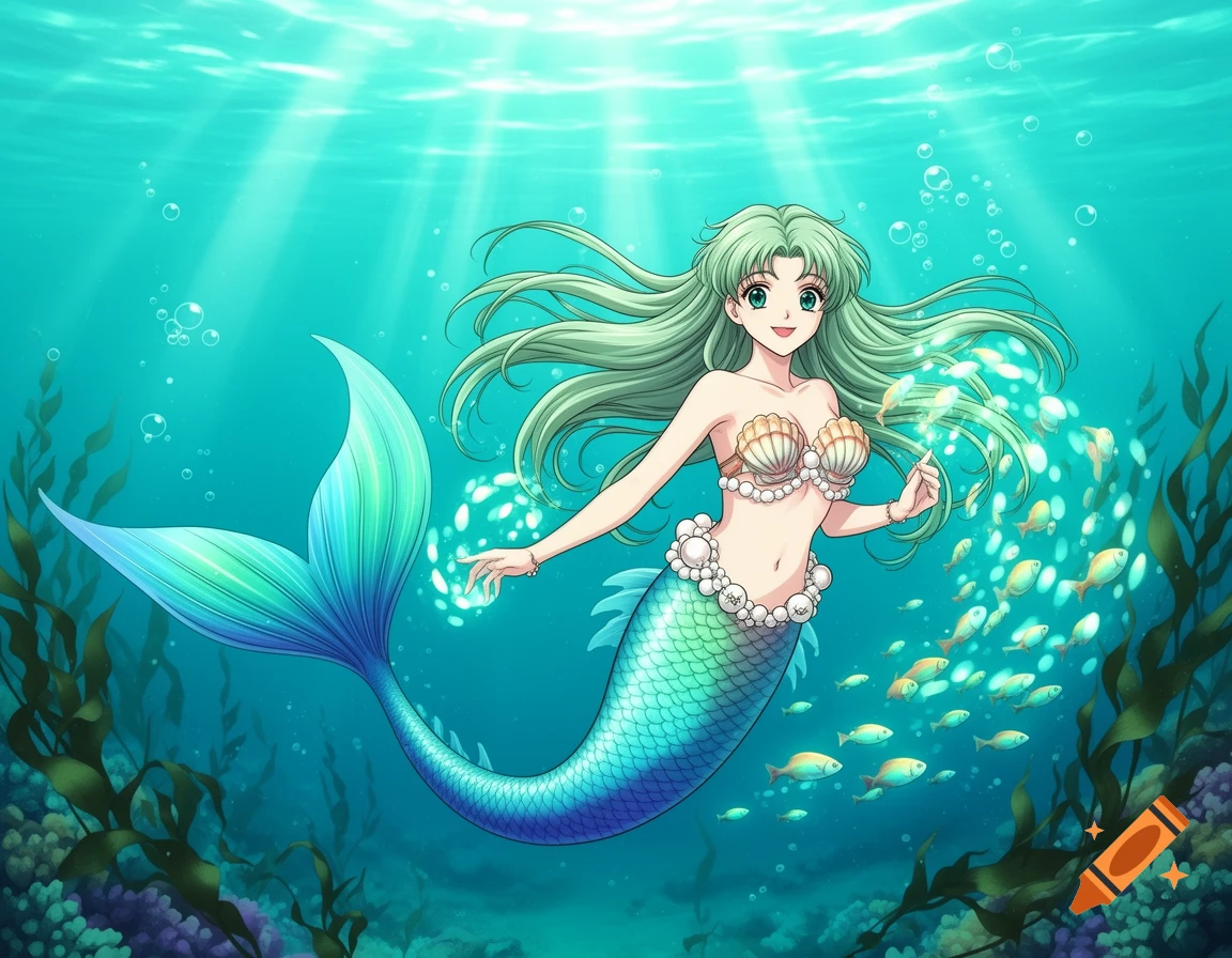 Anime mermaid with green hair and a blue-green tail smiling underwater with small fish, kelp, and sunlight.